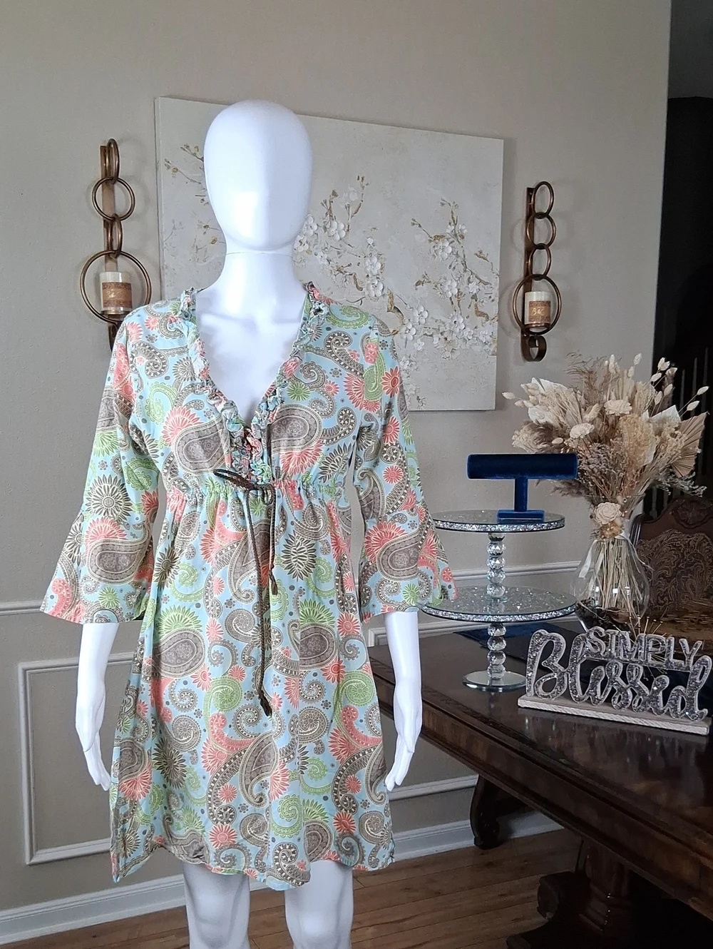 Women's Boho Linen Paisley Print Summer Dress  Multicolor Coverup Medium - Picture 7 of 17
